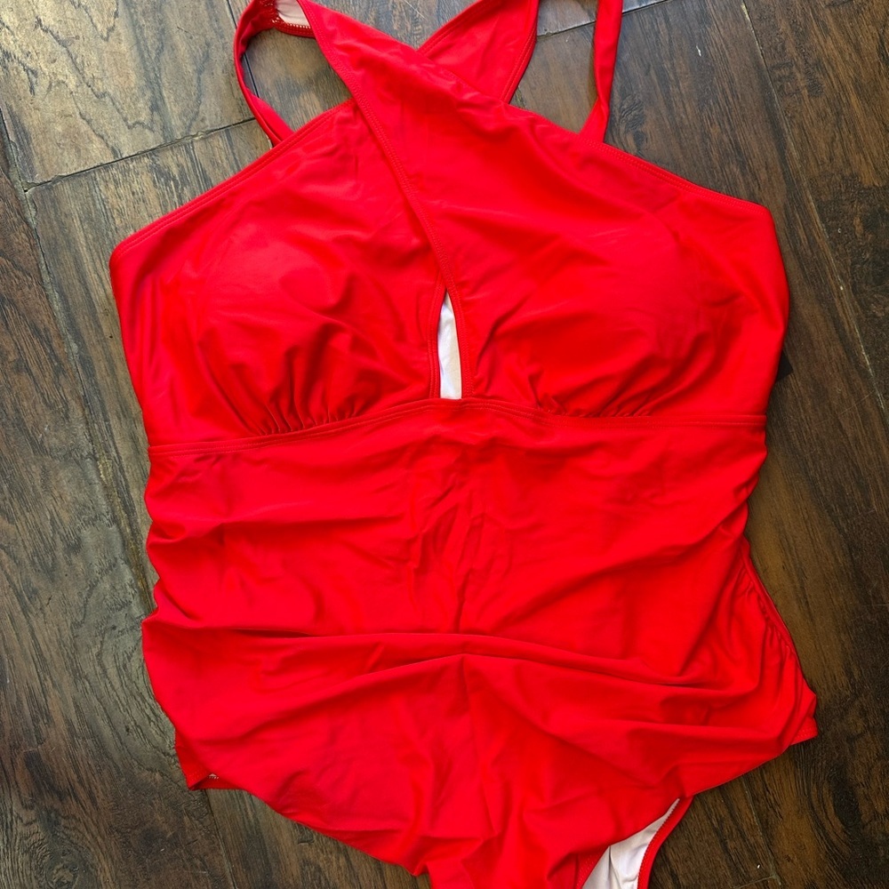 Davi SWIM SUIT Bathing One Piece 1PC TANK Red RUCHED SIDES Padded V Neck <<188>> - Picture 5 of 5